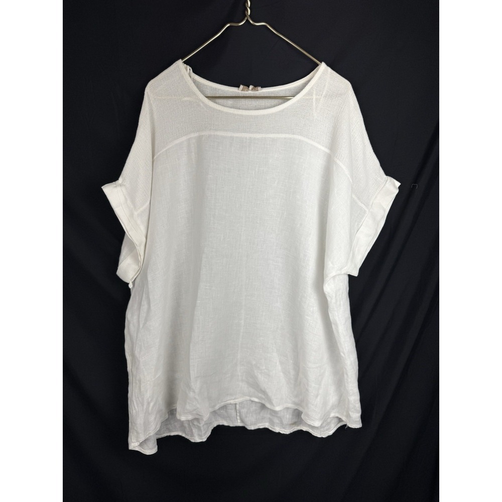 Bellambia Italian Linen Boxy Top 2X White Knit Yoke Oversized Boho Blouse